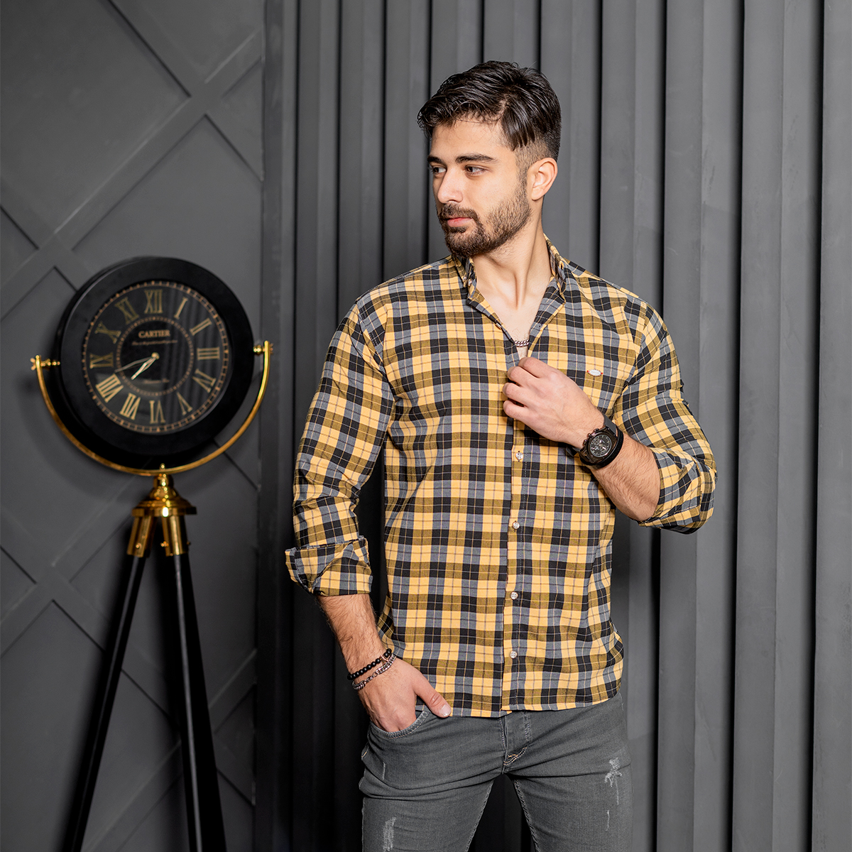 پیراهن چهارخونه مشکی زرد مدل Mahed