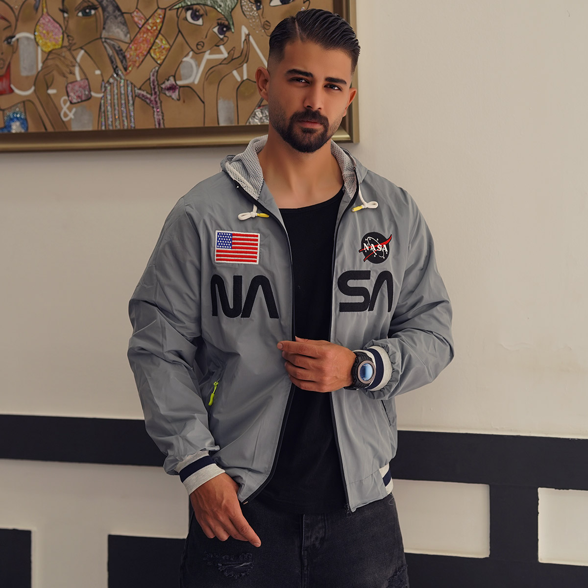 کاپشن مردانه طوسی مدل NASA