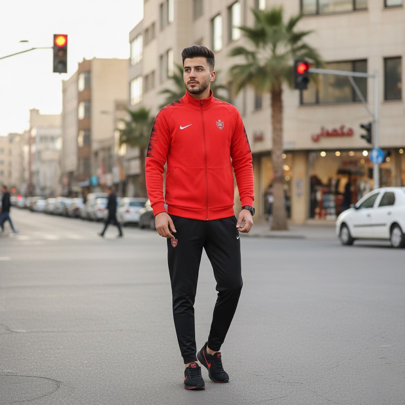 پکیج ست سوییشرت شلوار پرسپولیس مردانه مدلJ92 کفش ورزشی مردانه Nike مدل Tigo زیره قرمز